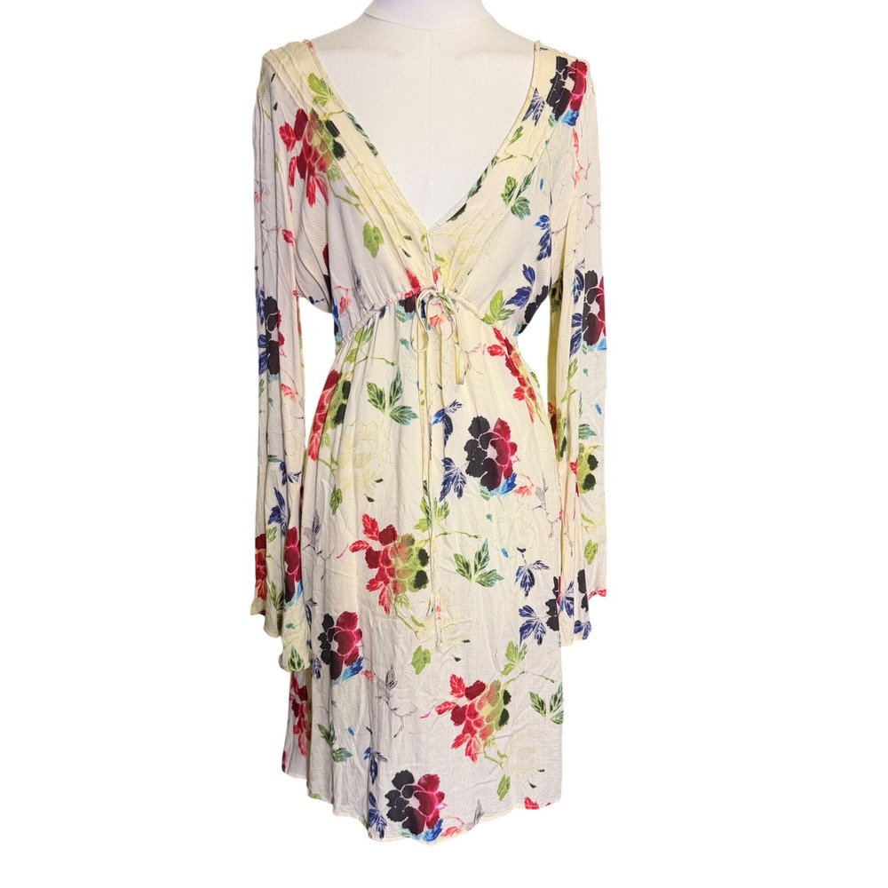 Free People Floral Mini Dress Womens Small Cream Boho V-Neck Bell Sleeve